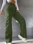 Flap Pockets Wide Leg Cargo Pants Casual Elastic Waist Daily Wear Pants For Spring & Summer Women's Clothing