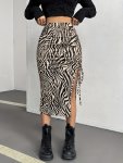 Elegant Leopard Print High-waist Bodycon Skirt With Faux Drawstring Detail - Stretchy Machine Washable Polyester Blend For Women