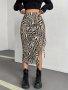 Elegant Leopard Print High-Waist Bodycon Skirt With Faux Drawstring Detail - Stretchy Machine Washable Polyester Blend For Women