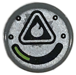 Parts Tile Round 1 X 1 With Flame Symbol Black Triangle And Rivets And Lime Gauge On Silver Background Pattern 98138PB099