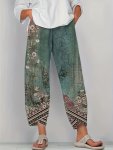 Floral Print Baggy Crop Pants Casual Elastic High Waist Slant Pockets Asymmetric Hem Pants For Spring & Summer Women's Clothing