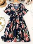 Plus Size Floral Print Wrap Dress Elegant Ruffle Sleeve Surplice Neck Dress For Spring & Summer Women's Plus Size Clothing