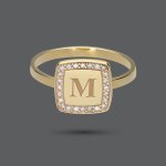 Gold Initial Cushion Diamond Signet Ring