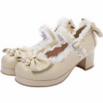 Luxmax Womens Cute Mary Janes Platform Mid Block Heel Pumps With Pearl Shoes Kawaii Chunky Heel Pumps Size 7.5 M Us BEIGE1