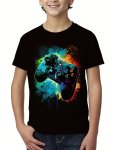 3D Gamepad Graffiti Print Tee Tops Boy's Round Neck Casual Short Sleeve Comfortable Soft Versatile T-Shirt