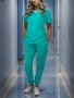 Solid Scrub Two-piece Set Casual Short Sleeve V Neck Top & Pants Outfits For Medical & Health Care Women's Clothing