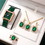5PCS SET Women's Watch Elegant Square Pointer Quartz Watch Analog Pu Leather Wrist Watch & Jewelry Set Gift For Mom Her