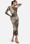Cut Out Long Sleeve Ruched Leopard Mesh Midaxi Dress - Brown