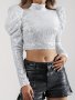 Sequined Mock Neck Crop T-Shirt Elegant Puff Sleeve T-Shirt For Spring & Fall Women's Clothing