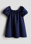 Balloon-sleeved Satin Dress - Dark Blue