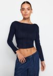 Stitching Detail Carmen Collar Fitted Knitted Blouse - Navy Blue