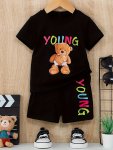 2PCS Toddler & Infant's Young Bear Print Summer Set T-Shirt & Elastic Waist Shorts Baby Boy's Clothes