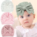 3PCS Four-sided Elastic Baby Plain Color Hat With Bowknot For Baby Girls