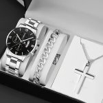 Simple Style 3PC Men's Fashion Quartz Watch Set With Stainless Steel Band And Hip Hop Chain Necklace Bracelet Non-waterproof Ana