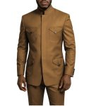 Tijofa African Safari Suits For Men 2 Piece Regular Fit Brown Mens Chinese Tunic Suit For Wedding Slim Fit Brown Stand Collar Ch
