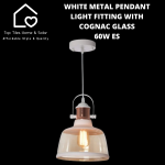 White Metal Pendant Light Fitting With Cognac Glass - 60W Es