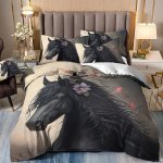 3PCS Black Floral Horse Duvet Cover Set HDS6