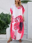 Floral Print Batwing Sleeve Kaftan Dress Casual V Neck Loose Maxi Length Dress Women's Clothing