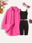 Girls' 3-PIECE Set Short Sleeve And Long Sleeve Casual Outfit Polyester Blend Machine Washable Summer Wear Active Wear For Kids