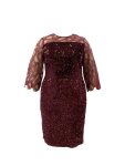 Plus Size Sequin Stitching Split Dress Casual Geometric Pattern Crew Neck Dress Women's Plus Sizeclothing