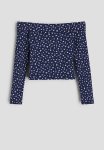 Ribbed Off-the-shoulder Top - Dark Blue Floral