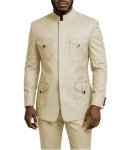 Tijofa 2 Piece Chinese Tunic Suit Men Beige Suits For Men Wedding Regular Fit Mandarin Collar Suit Classic Prom Beige African Sa
