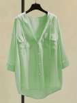 Solid Pocket Button Hooded Blouse Casual Drawstring Blouse For Spring & Summer Women's Clothing