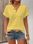 Solid Color Crew Neck T-Shirt Elegant Fake Button Short Sleeve T-Shirt For Spring & Summer Women's Clothing