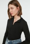 Zipper Stand Up Collar Snap Bodysuit - Black