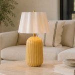Pepino Yellow Ceramic Lamp - White Scallop Linen Shade - White Drum Linen