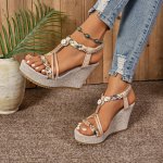 Women's Flower Pattern Wedge Heeled Sandals Fashion Open Toe Platform Shoes Comfortable Ankle Strap Sandals