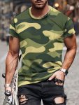 Camouflage Pattern Crew Neck And Short Sleeve T-Shirt Casual And Chic Tops For Men's Summer Outdoors Activities