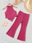 2PCS Solid Color Ribbed Sleeveless Crew Neck Top With Frill Trim + Loose Style Flare Pants Set For Girls Comfy And Trendy Summer