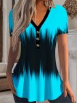 Color Block Button Front T-Shirt Casual V Neck Short Sleeve Top For Spring & Summer Women's Clothing
