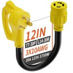 Plugsaf 3 Prong 30 Amp Rv Generator Adapter Cord Nema TT-30 Male Plug To Nema L14-30 Twist Lock Female Plug 12 Inch 1 Ft