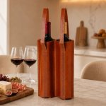 Double Leather Wine Bottle Carrier In Tan