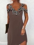 Floral Applique Dress Casual V Neck Cold Shoulder Dress Women's Clothing For Party Dressing