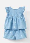 Cotton On Bessy Flutter Sleeve Top And Short Set - Light Chambray Wash ditsy Hearts