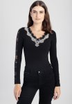 Sissy Boy Deep V Bodysuit With Lace Insets And A Trim - Black