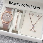 6PCS SET Women's Shiny Fashion Quartz Watch Analog Pu Leather Wrist Watch & Jewelry Set Gift For Mom Her