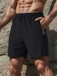 Quick Drying Comfy Shorts With Zip Pockets Men's Casual Slightly Stretch Elastic Waist Drawstring Shorts For Summer Gym Workout