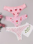 3PCS Heart & Fruit Print Thongs Cute & Comfy Lace Trim Intimates Panties Women's Lingerie & Underwear