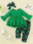 2PCS Toddler Baby Girls Clover Set 0-3 Years Old Girl Green Long Sleeve Ruffle Dress + Full Print Green Clover Trousers With Hea