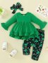 2PCS Toddler Baby Girls Clover Set 0-3 Years Old Girl Green Long Sleeve Ruffle Dress + Full Print Green Clover Trousers With Headband Set