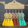 3PAIRS Boho Retro Style Golden Flowers Alloy Pure Color Oil Drop Sunflower Inlaid With Rhinestones Embellished Woven Yellow Coffee Blue Tassel Pendant Three-color Combination