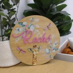 Wooden Name Board In Theme Pennygum Eucalyptus Dragonfly And Giraffe