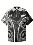 Men's Trendy New Zealand Maori Tribal Design Print Short Sleeve Zip Up Lapel Shirt For Summer Daily Stylish Zipper Collar Design