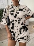 Tie Dye Short Sleeve Dress Casual Drop Shoulder Crew Neck Loose Dress For Spring & Summer Women's Clothing