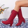 Women's Solid Color Trendy Boots Lace Up Chunky Heel Casual Stretch Boots Versatile Round Toe Slim Boots