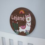 Wooden Name Board In Theme Pink Llama And Cacti